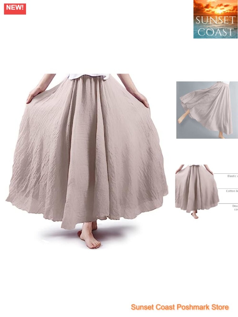 Cotton Linen Boho Maxi Skirt with Elastic Waist Pleated A-Line